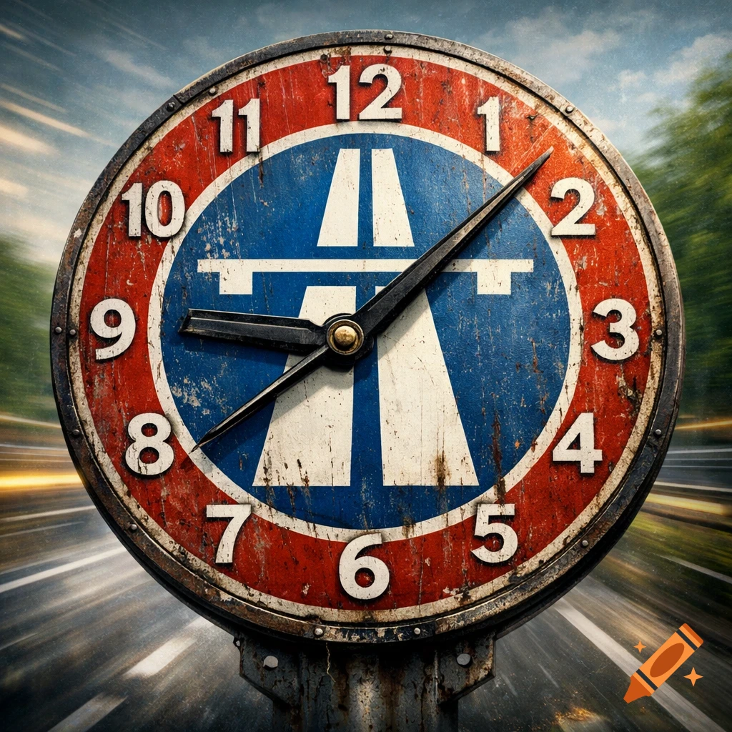 A rustic clock face integrated into a weathered red, white, and blue German Autobahn unlimited speed sign, set against a motion-blurred highway.