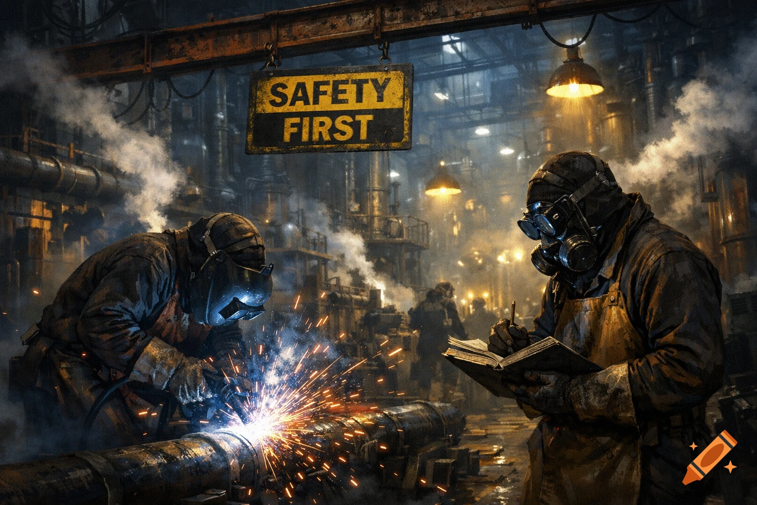 Two industrial workers, one welding with bright sparks and another writing notes, in a smoky factory with a "SAFETY FIRST" sign.
