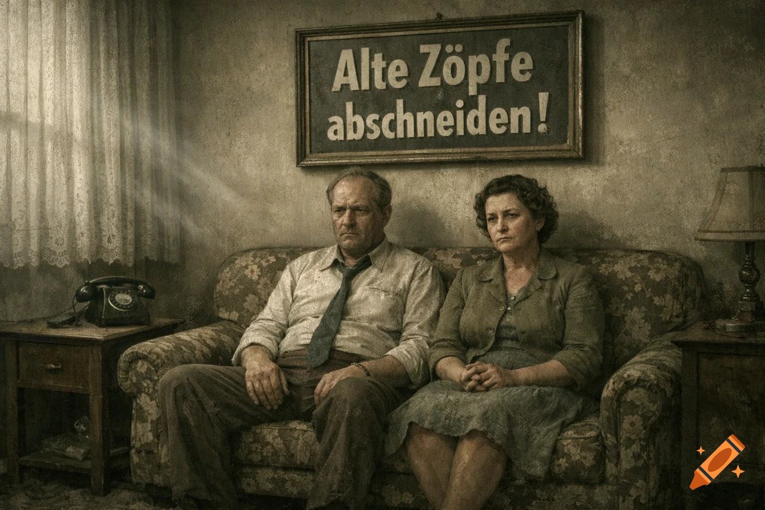 A sad-looking couple sits on a patterned couch in a gloomy 1950s living room, with a sign above them.