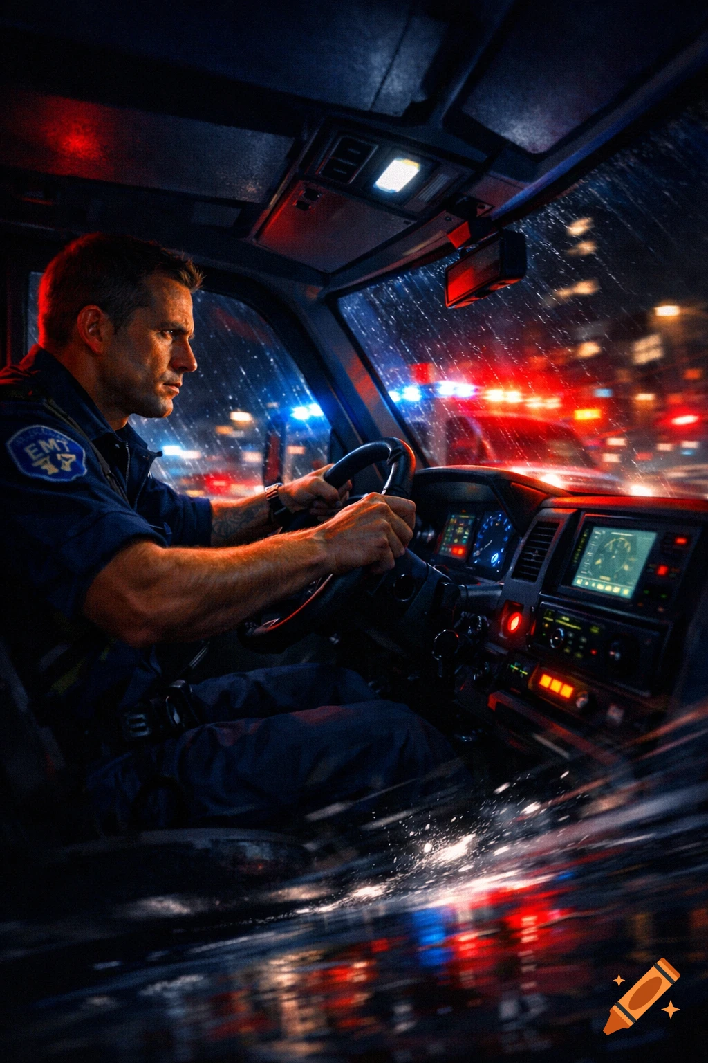 An EMT drives an ambulance in the rain at night, emergency lights flashing red and blue, creating reflections on the wet road.