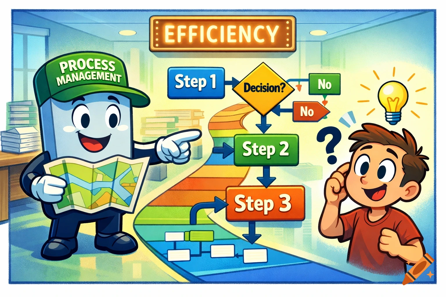 Cartoon illustration of a block character with a 'PROCESS MANAGEMENT' hat explaining an 'EFFICIENCY' flowchart to a curious boy.