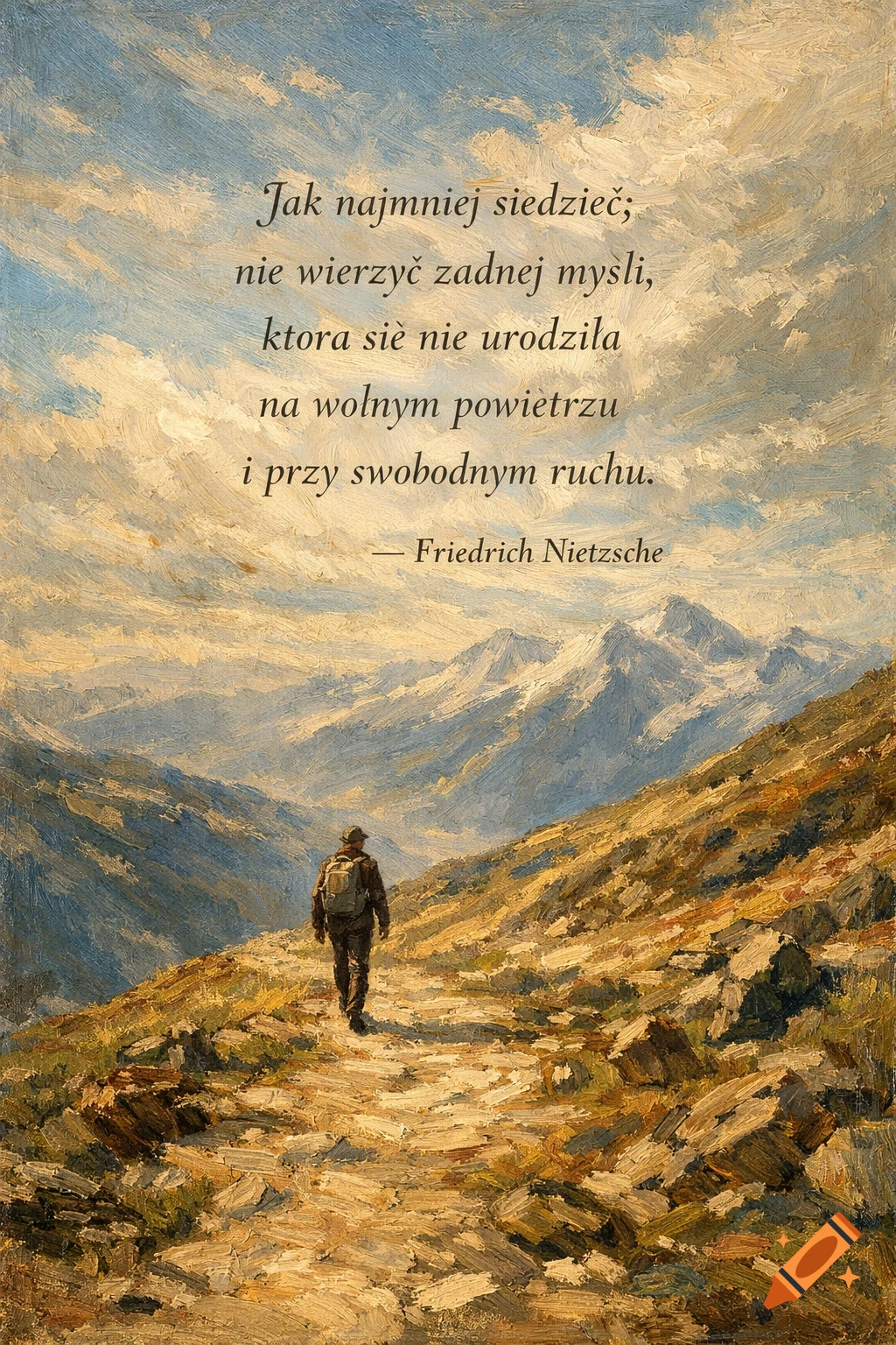 An oil painting of a lone hiker with a backpack walking on a mountain path under a cloudy sky, with a quote by Friedrich Nietzsche.