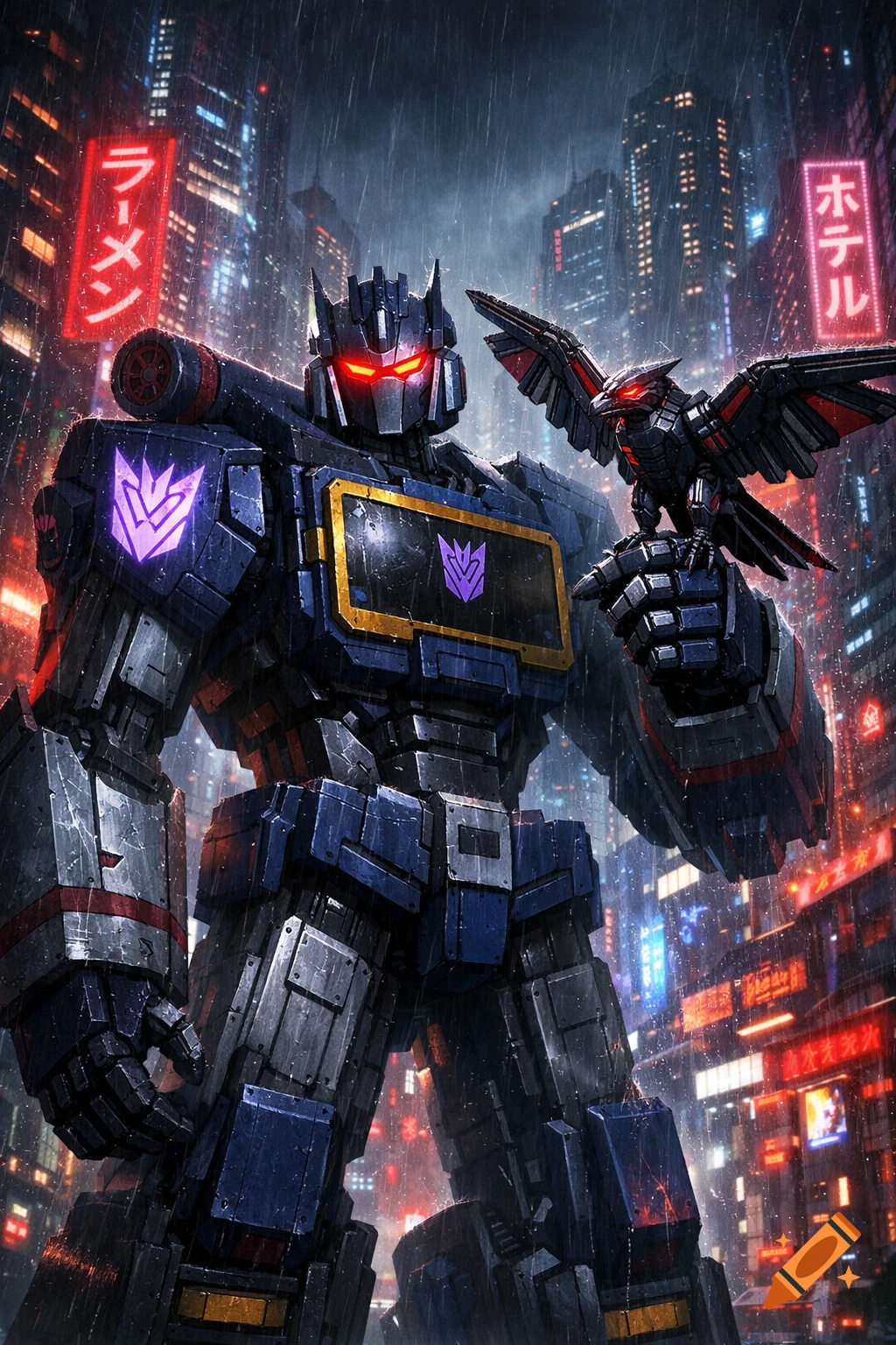 Soundwave Transformer robot stands with Laserbeak in a rainy cyberpunk city with neon signs.