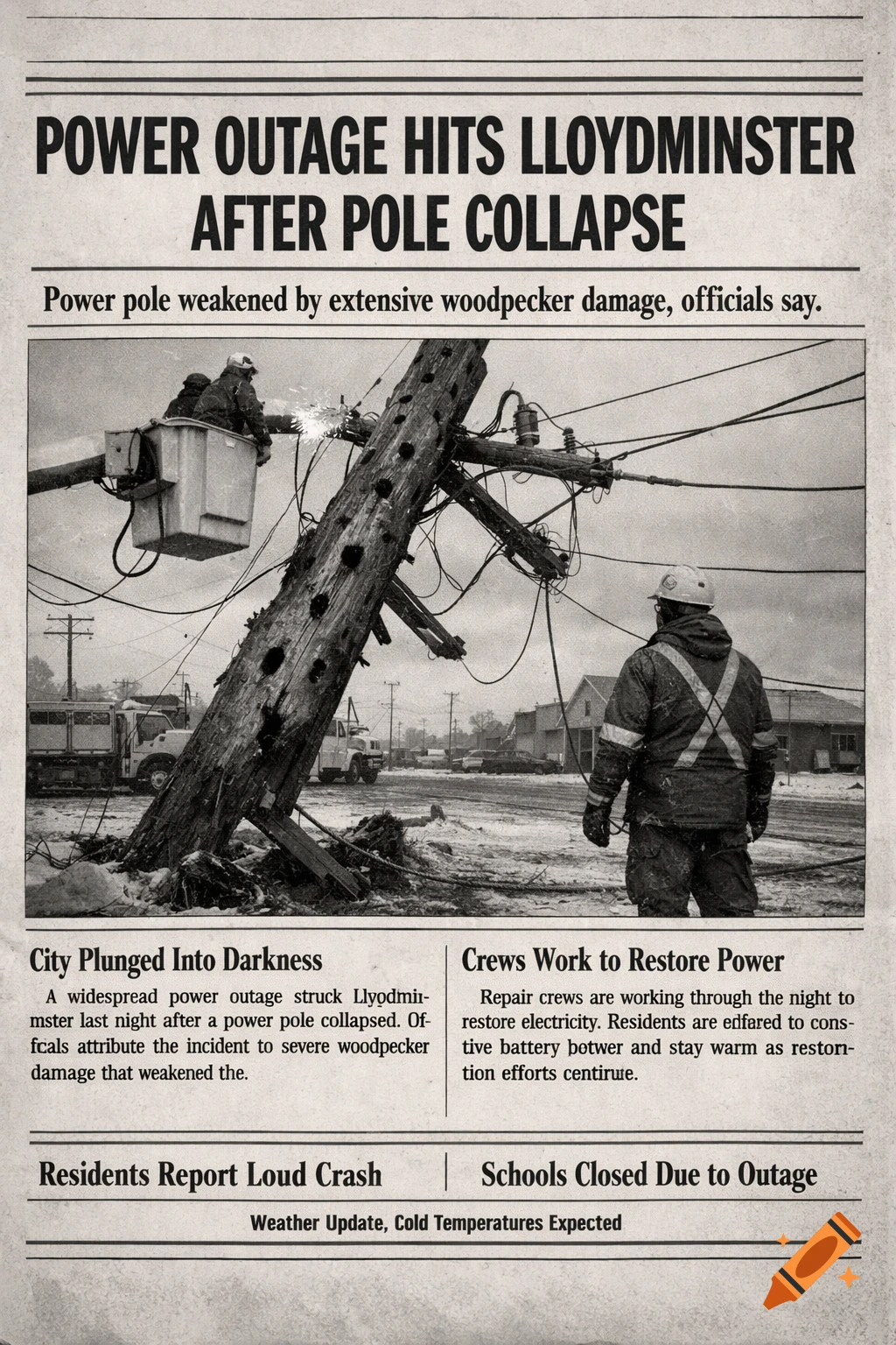 Black and white newspaper front page with the headline "POWER OUTAGE HITS LLOYDMINSTER AFTER POLE COLLAPSE." An image shows utility workers repairing a broken power pole in a snowy town.