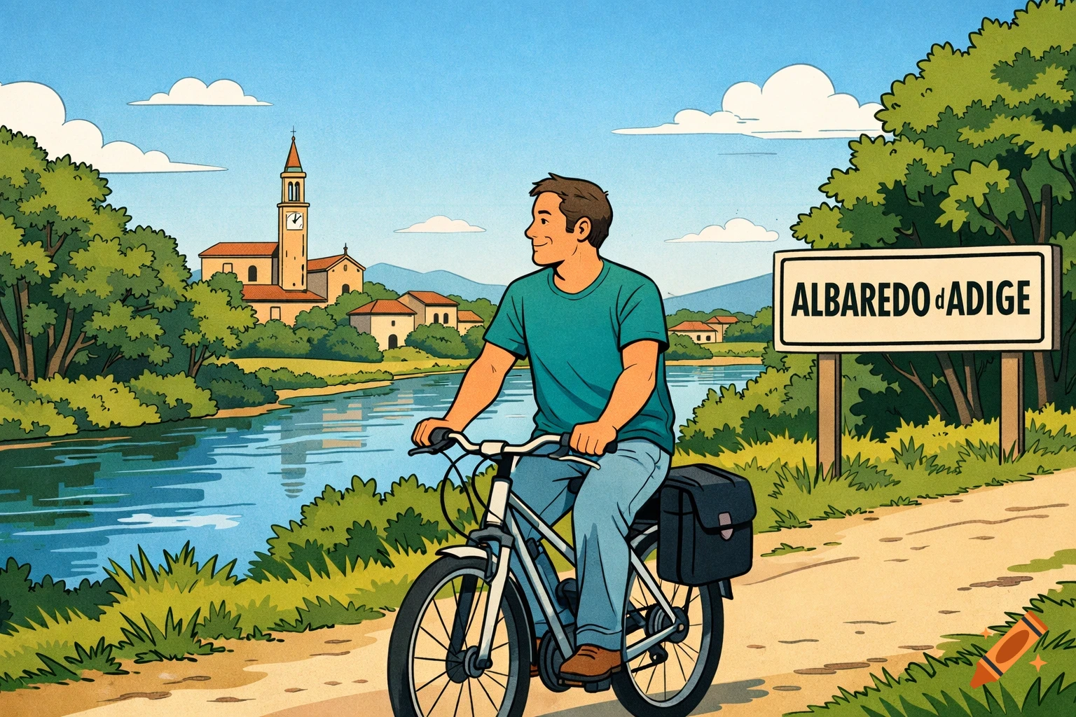 A man cycles along a river past a sign for Albaredo d'Adige and a town with a church, in a modern comic illustration style.