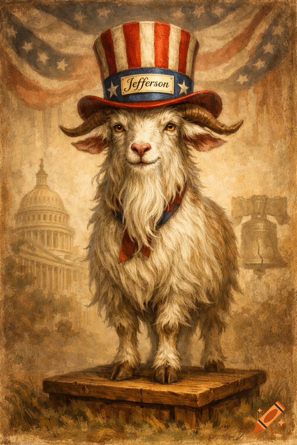 A goat wearing an Uncle Sam hat with "Jefferson" on the band stands on a wooden platform against a painted backdrop of the US Capitol, Liberty Bell, and American flag.