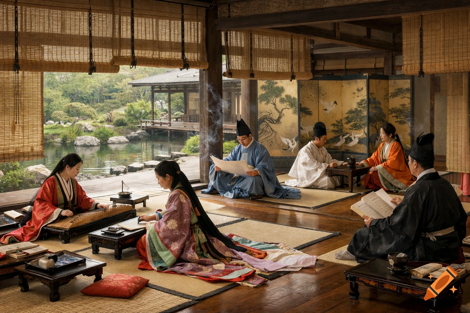 People in traditional Japanese robes reading, playing koto, and conversing in a serene Heian-kyō aristocratic residence overlooking a garden.