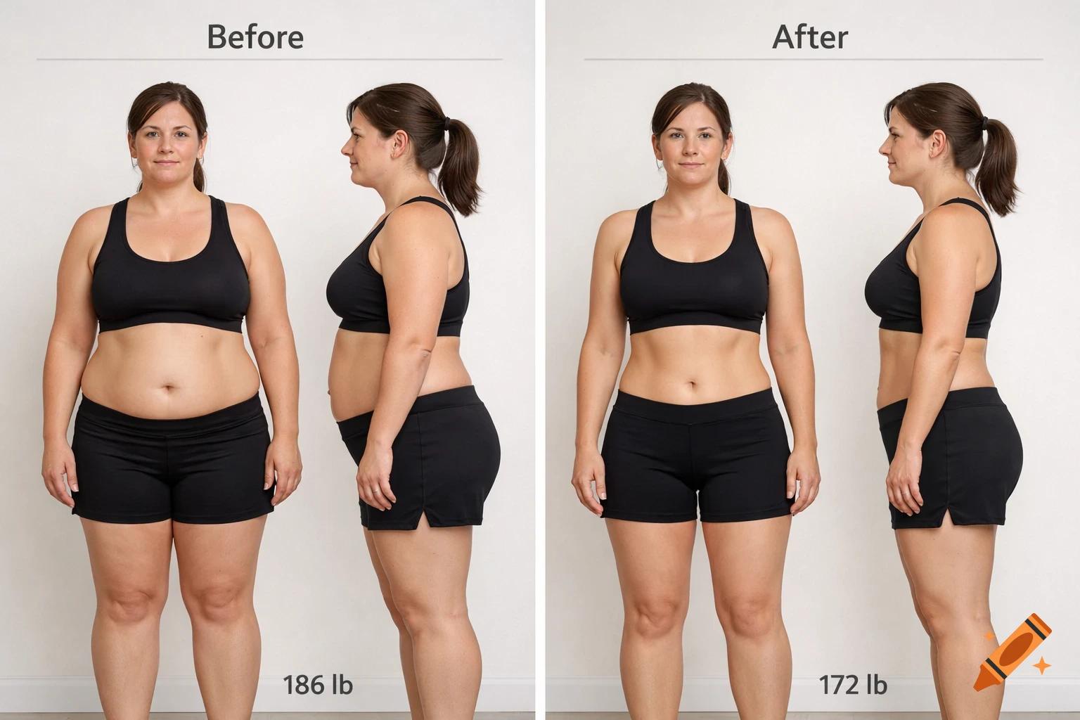 A woman's side-by-side before-and-after weight loss comparison, showing front and side views in a sports bra and shorts.