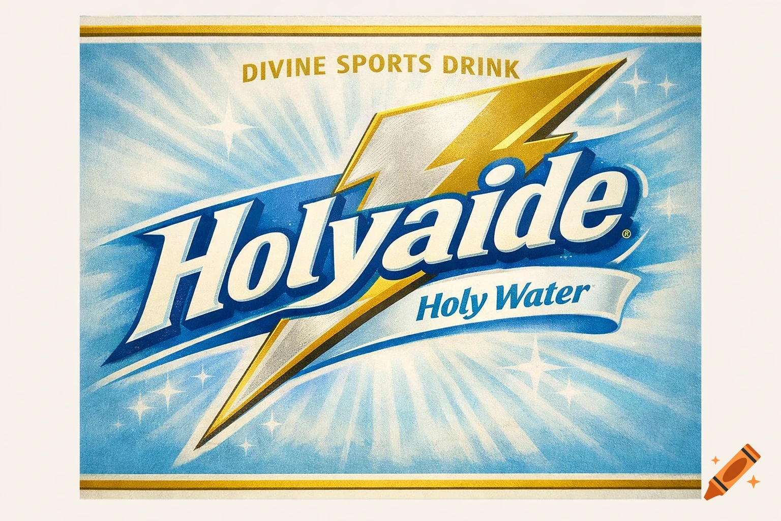 Retro-style label for 'Holyaide Divine Sports Drink', featuring a lightning bolt and 'Holy Water' flavor text.