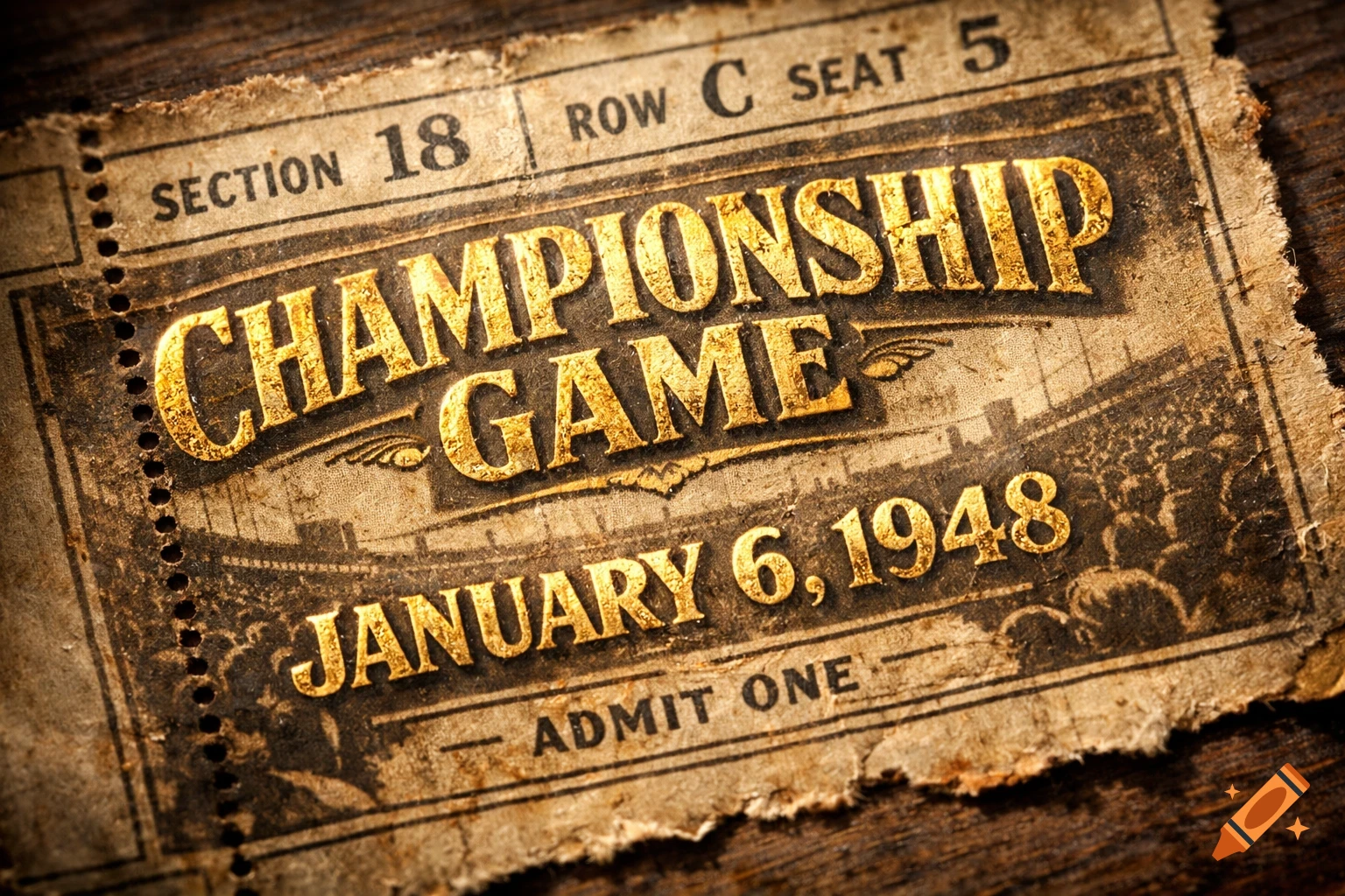 A close-up, top-down view of a worn, vintage "Championship Game" ticket from January 6, 1948, on a wooden surface.