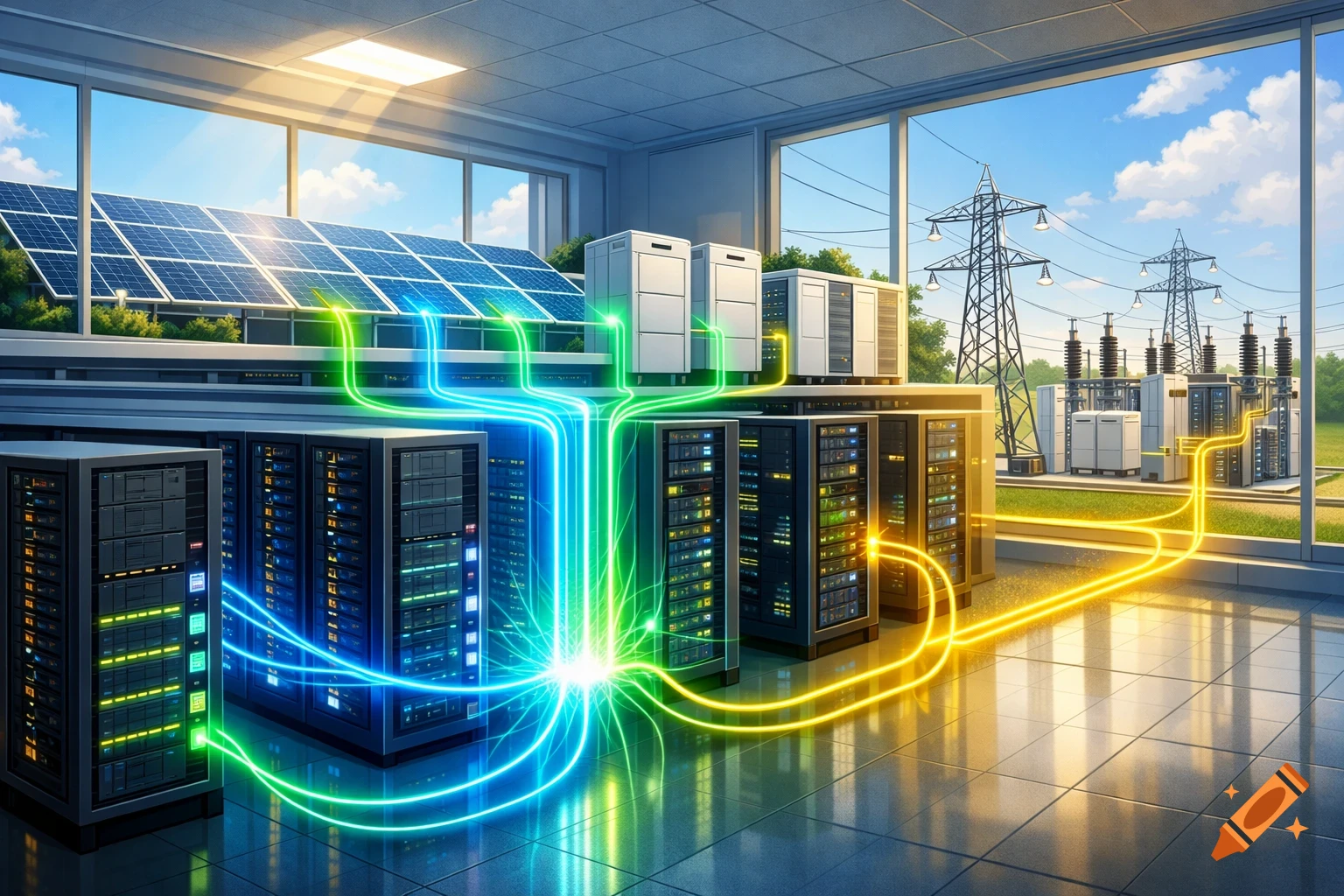 Bright interior of a data center with glowing energy flows connecting servers to outdoor solar panels and power grid infrastructure.