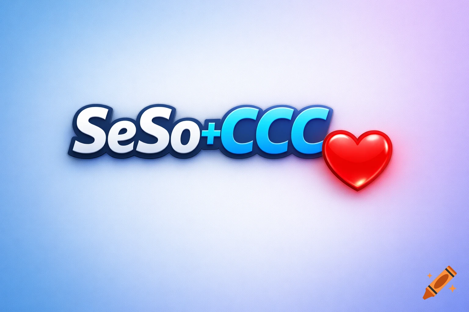 Glossy 3D text 'SeSo+CCC' in white and blue, next to a shining red heart, on a light blue to purple gradient background.