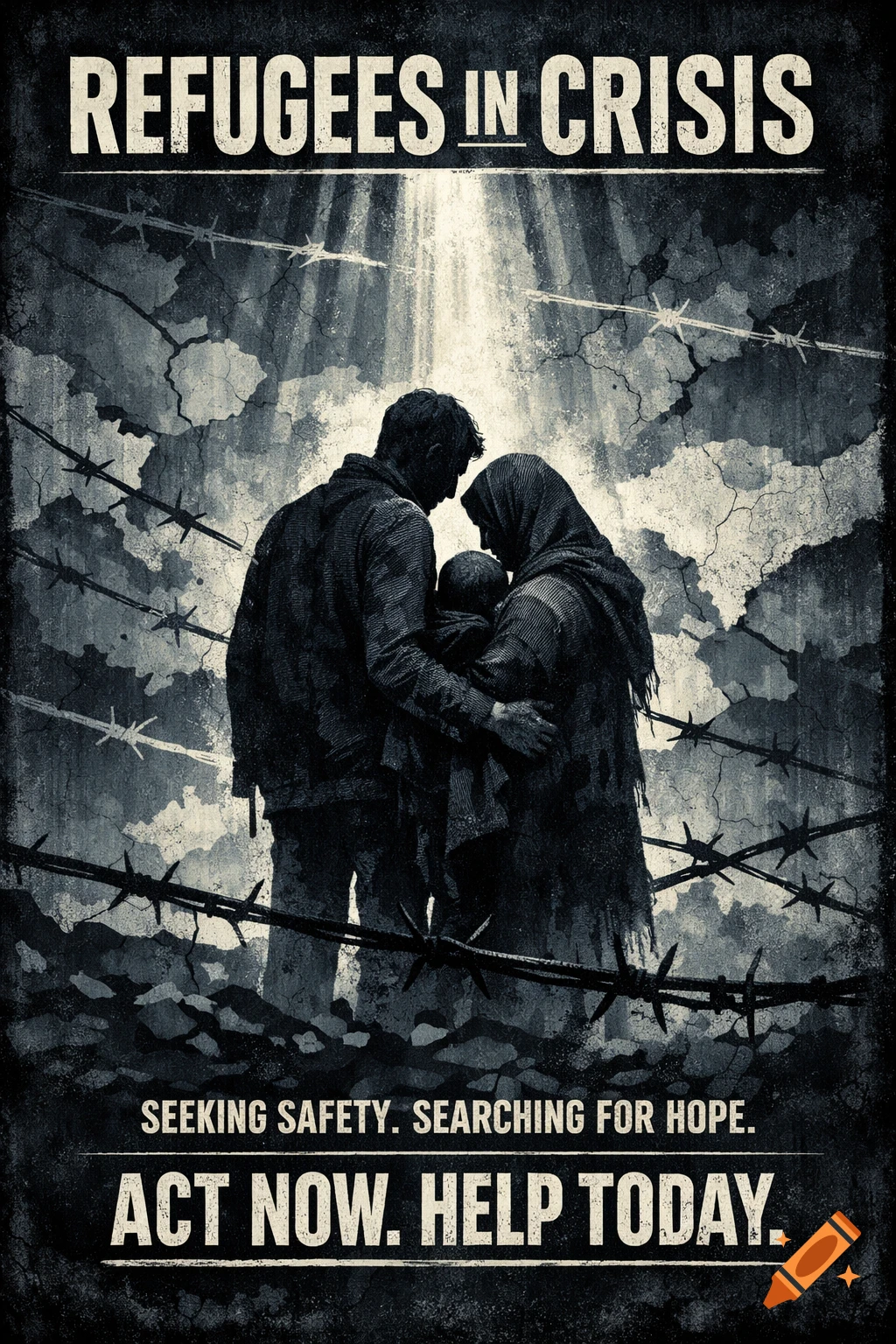 Monochromatic, distressed poster of a silhouetted refugee family behind barbed wire. Text: "REFUGEES IN CRISIS" and "ACT NOW. HELP TODAY."