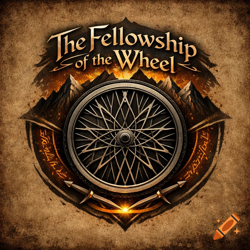 A fantasy-style logo with 'The Fellowship of the Wheel' text, a bicycle wheel, mountains, and glowing elements on a parchment background.