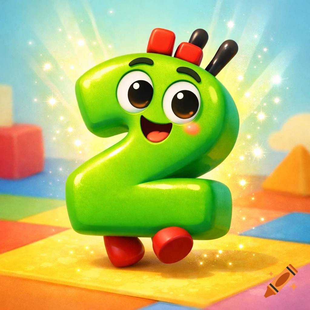 A cheerful, bright green cartoon number two character with a happy face and small red feet stands in a colorful, block-filled room with a light blue background, sparkling with magic.