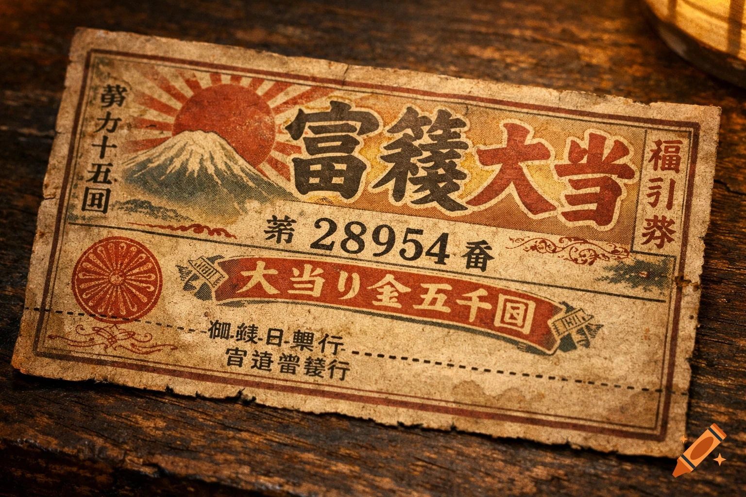An old, weathered Japanese lottery ticket featuring Mount Fuji, a rising sun, and Japanese characters, resting on a dark wooden surface.
