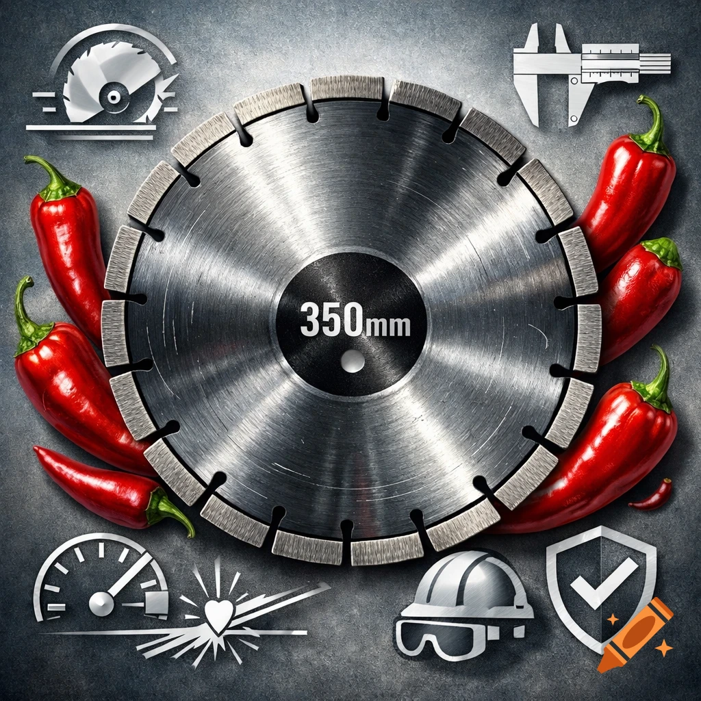 A large metallic diamond saw blade with '350mm' text, surrounded by red chili peppers and various technical icons on a dark, textured background.