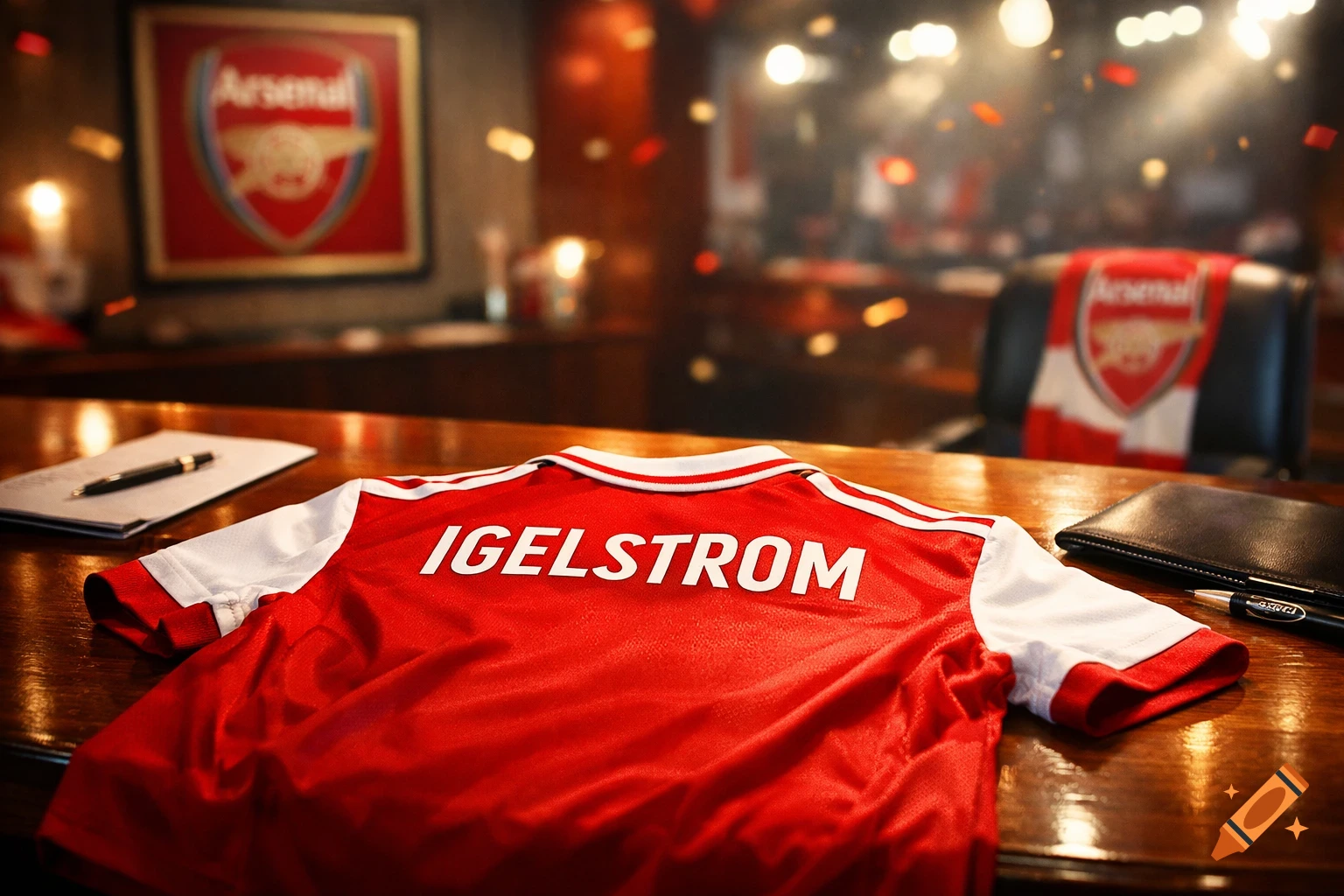 Red and white Arsenal football shirt with 'IGELSTROM' on the back, a pen, and paper on a wooden table in a room with a blurred Arsenal logo.