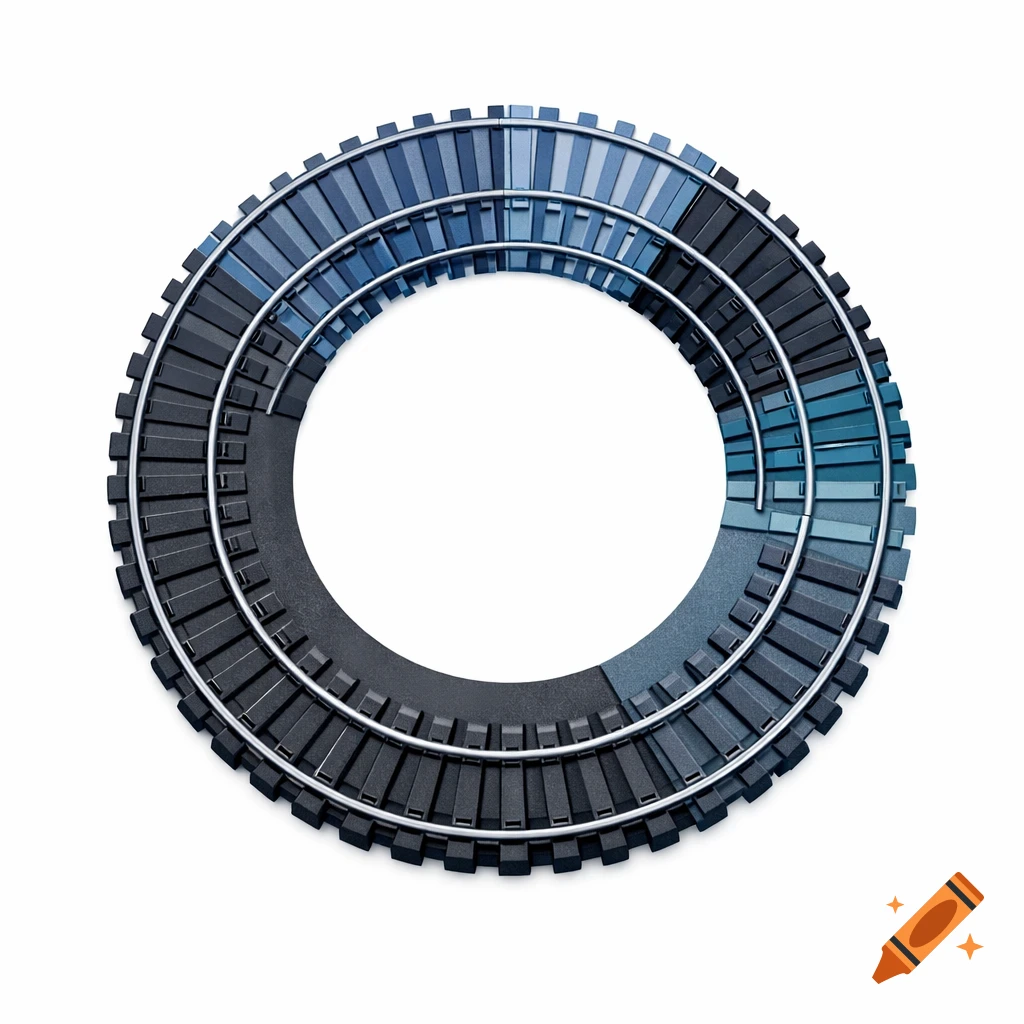 A stylized circular diagram of railroad tracks, segmented and colored in shades of blue and grey on a white background.