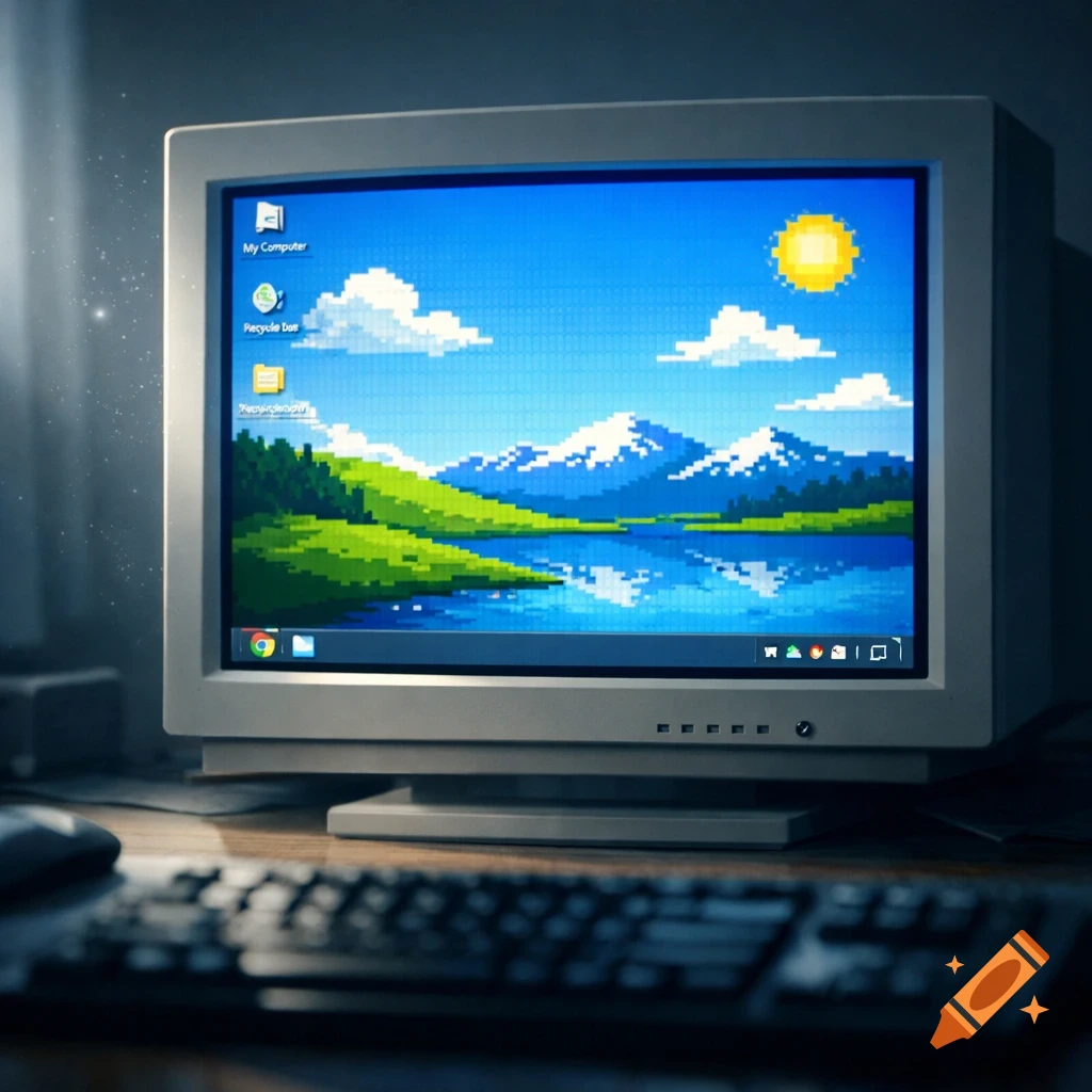 A retro CRT computer monitor displays a pixel art landscape with mountains and a lake, on a desk with a keyboard.