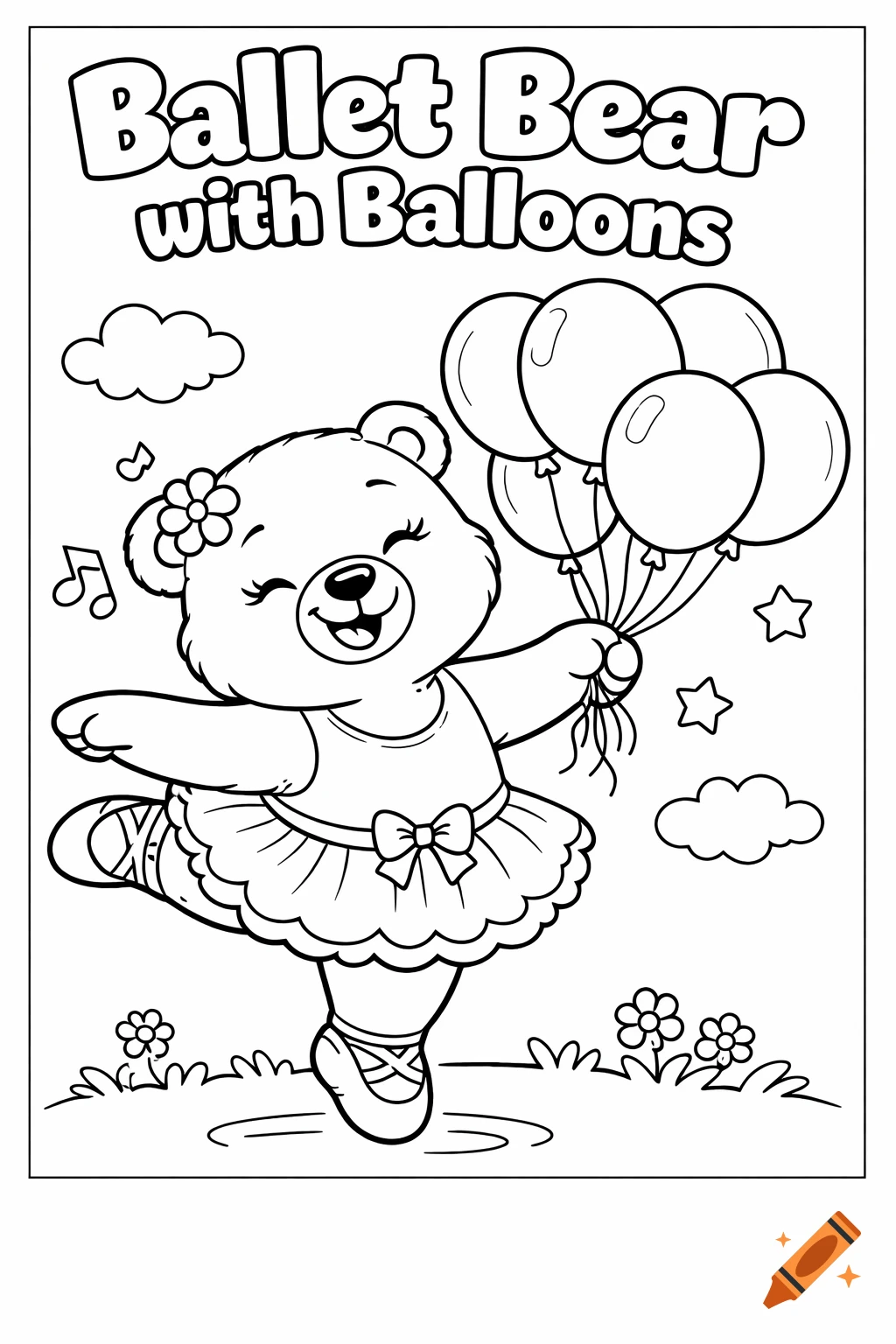 Black and white coloring page of a cartoon ballet bear in a tutu holding balloons, titled 'Ballet Bear with Balloons'.