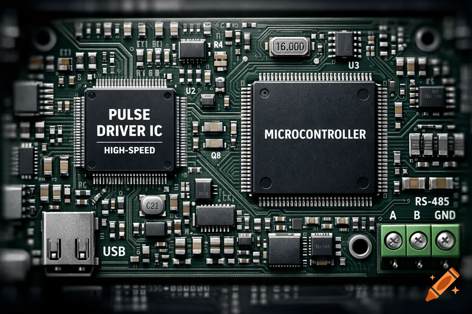 Close-up of a detailed green electronic circuit board with various components including a pulse driver IC, microcontroller, USB, and RS-485 ports.