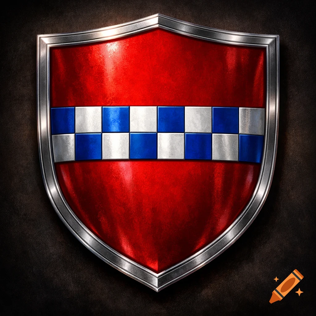 A red heraldic shield with a central horizontal band of blue and silver checkerboard squares, detailed with metallic textures.