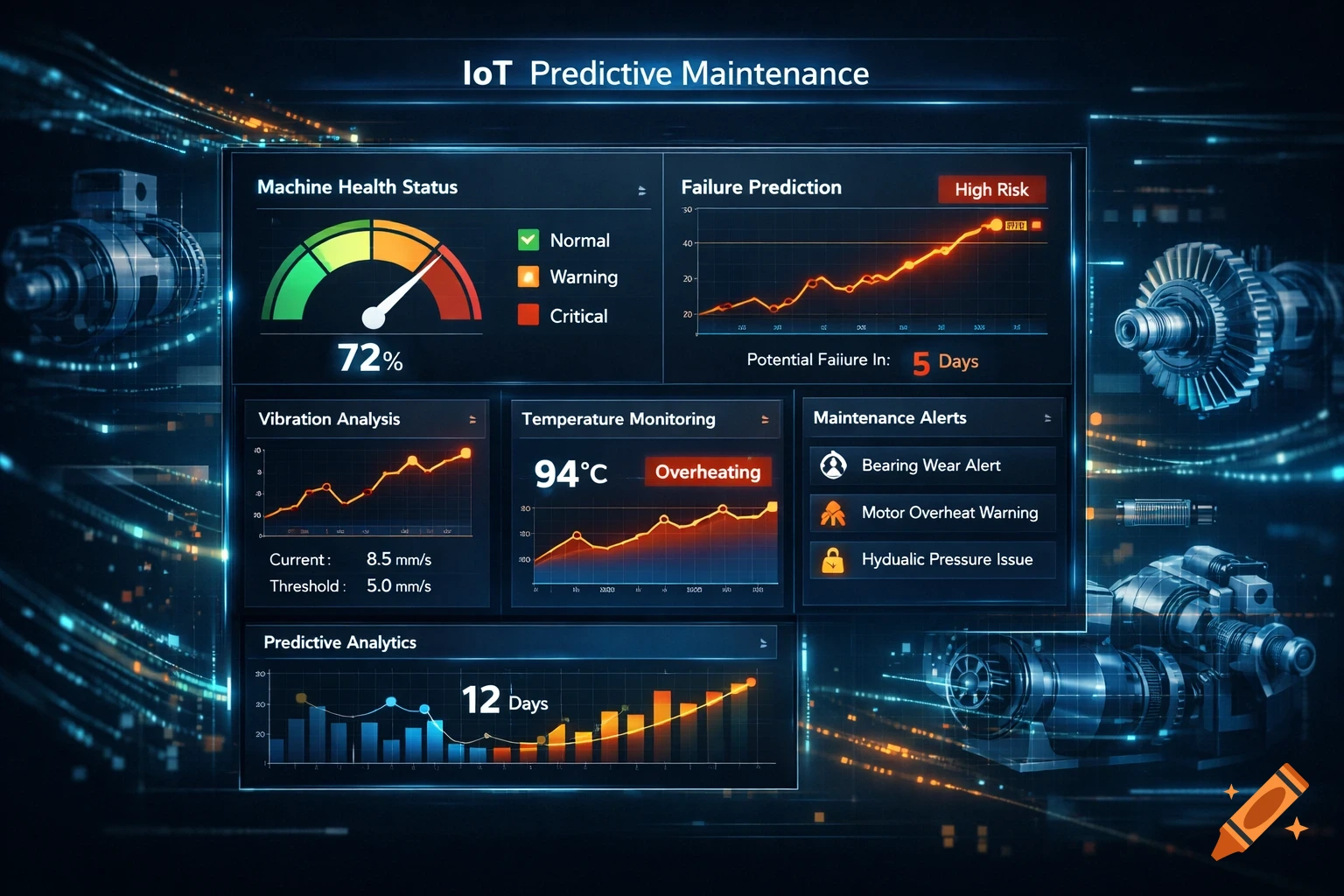 A dark blue IoT predictive maintenance dashboard displaying machine health, failure prediction, vibration analysis, temperature monitoring, maintenance alerts, and predictive analytics data.