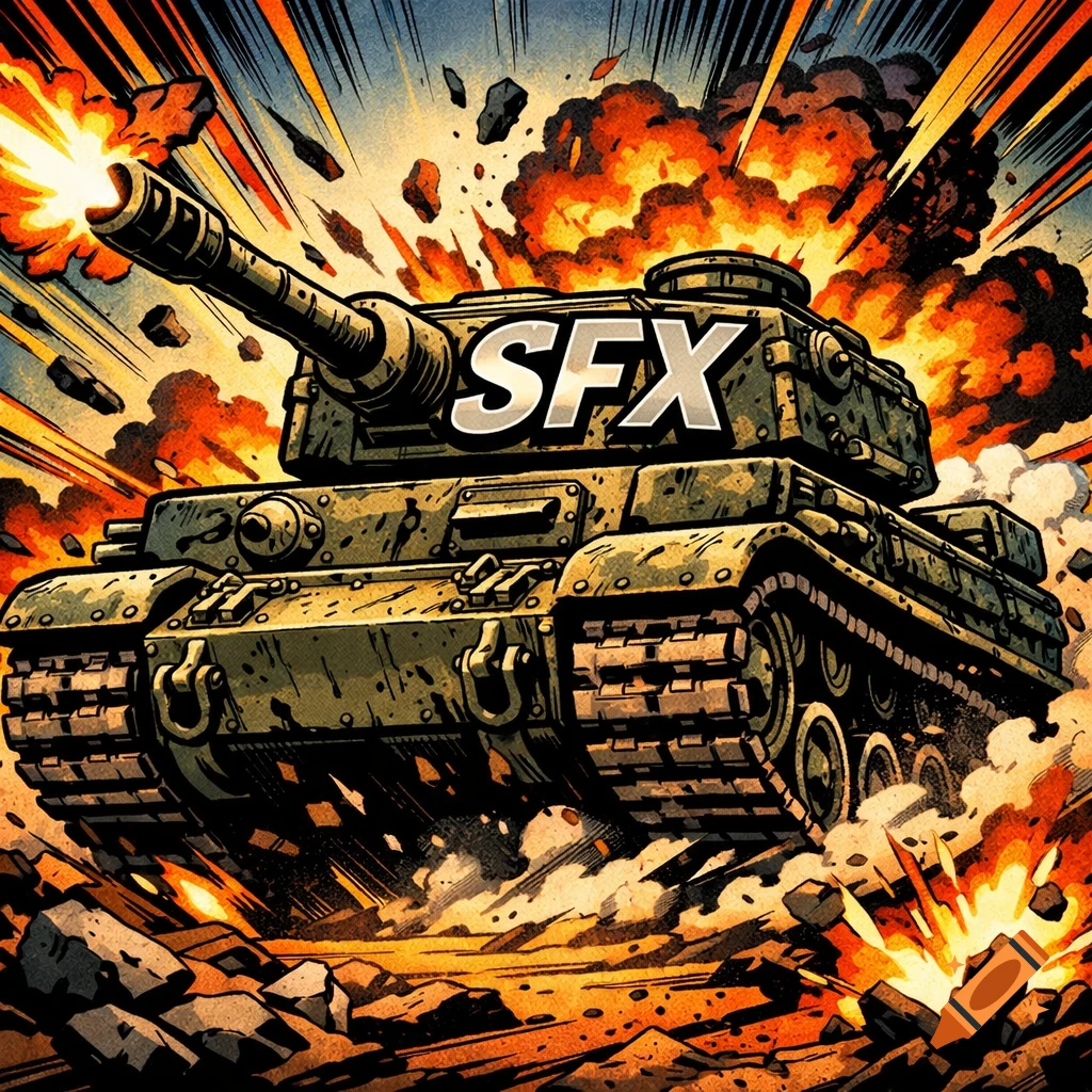 A comic book style illustration of a military tank firing its cannon amidst large explosions and flying debris, with 'SFX' text.