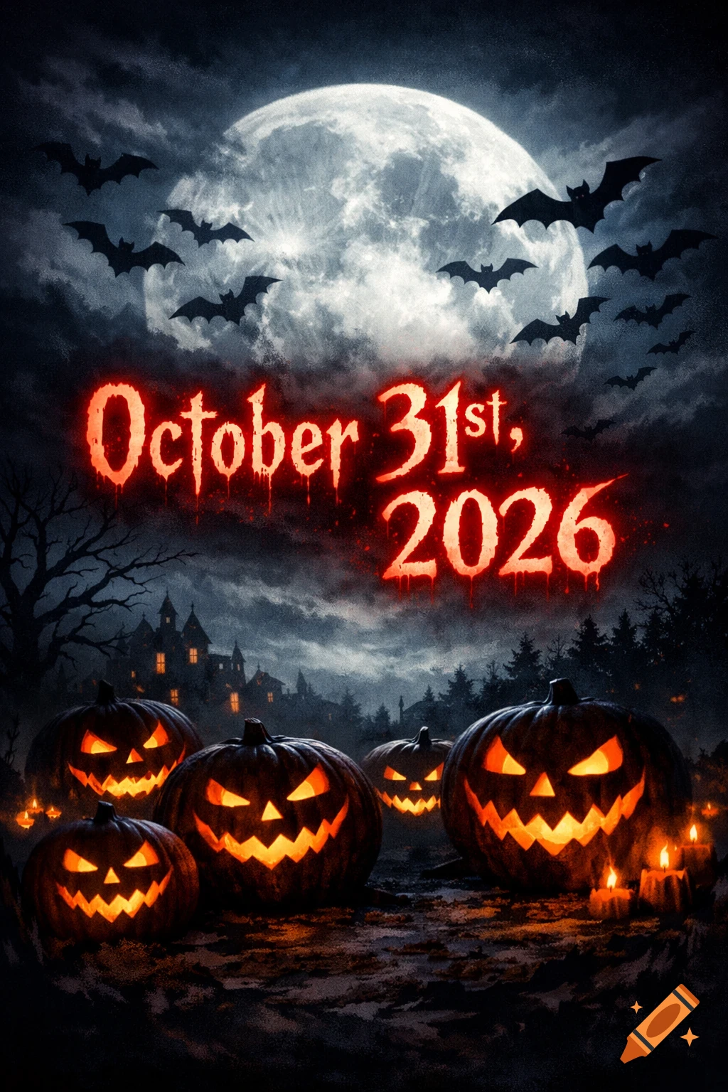 Glowing jack-o'-lanterns on a dark, spooky Halloween night with bats flying under a full moon and text 'October 31st, 2026'.