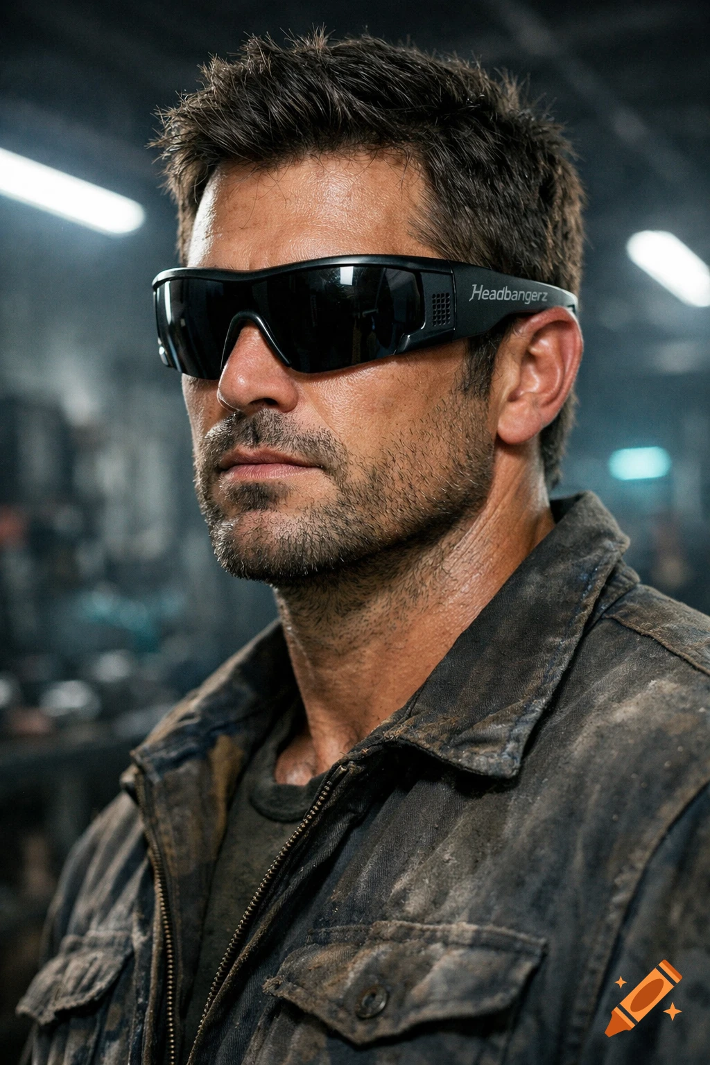 A handsome blue-collar man wearing black "Headbangerz" cyberpunk-style safety glasses and a dirty jacket.