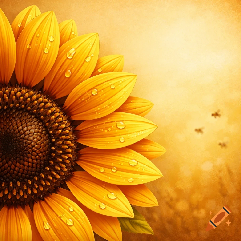 Close-up of a vibrant yellow sunflower with water droplets on its petals, against a warm, blurry background with bees.
