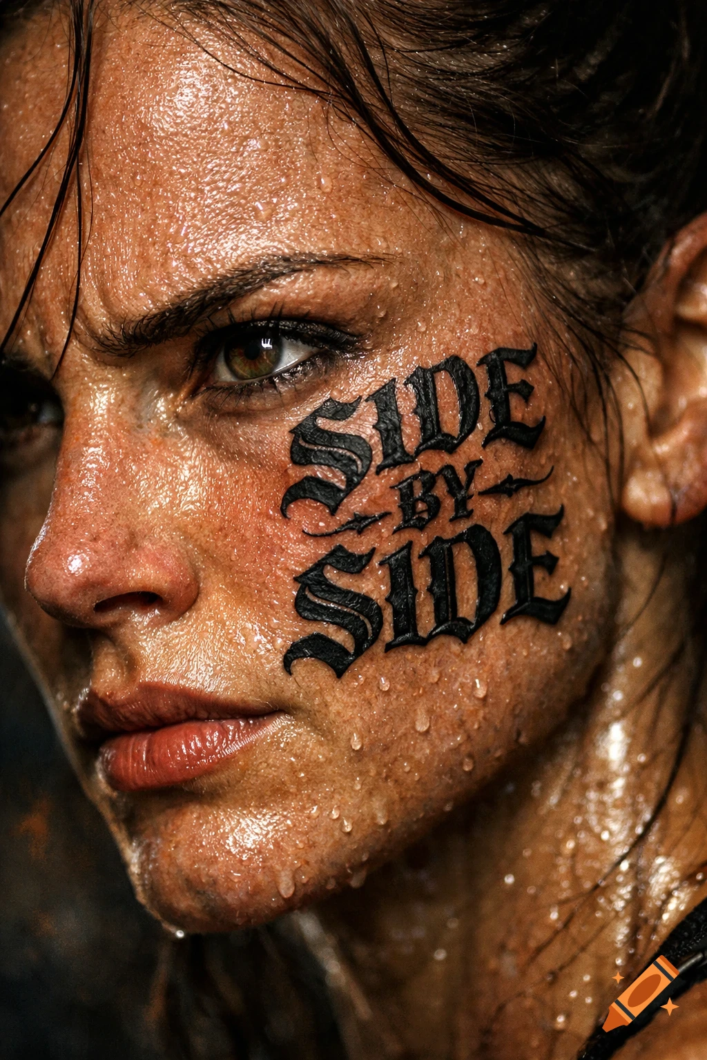 Close-up of a woman's sweating face with 'SIDE BY SIDE' tattooed on her cheek, looking intense.