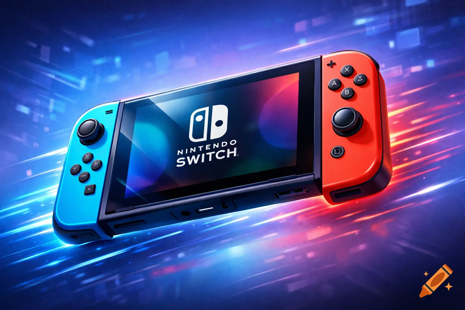 A vibrant Nintendo Switch console with blue and red Joy-Cons on a dynamic glowing blue and red background.