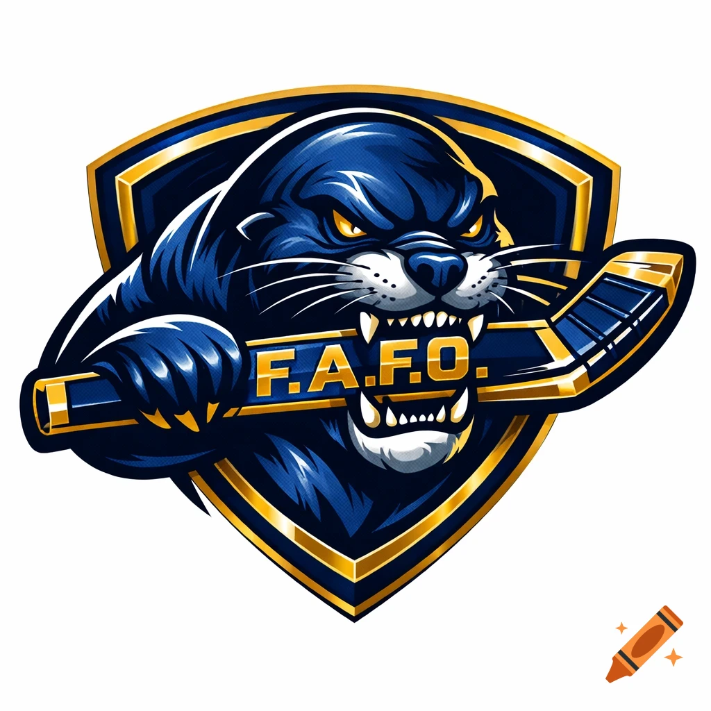 A fierce blue and gold otter mascot biting a hockey stick with "F.A.F.O." on it, set against a shield.
