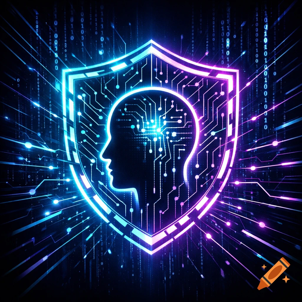 A glowing shield icon with a circuit-patterned human head silhouette, surrounded by blue and purple light trails and binary code on a dark background.