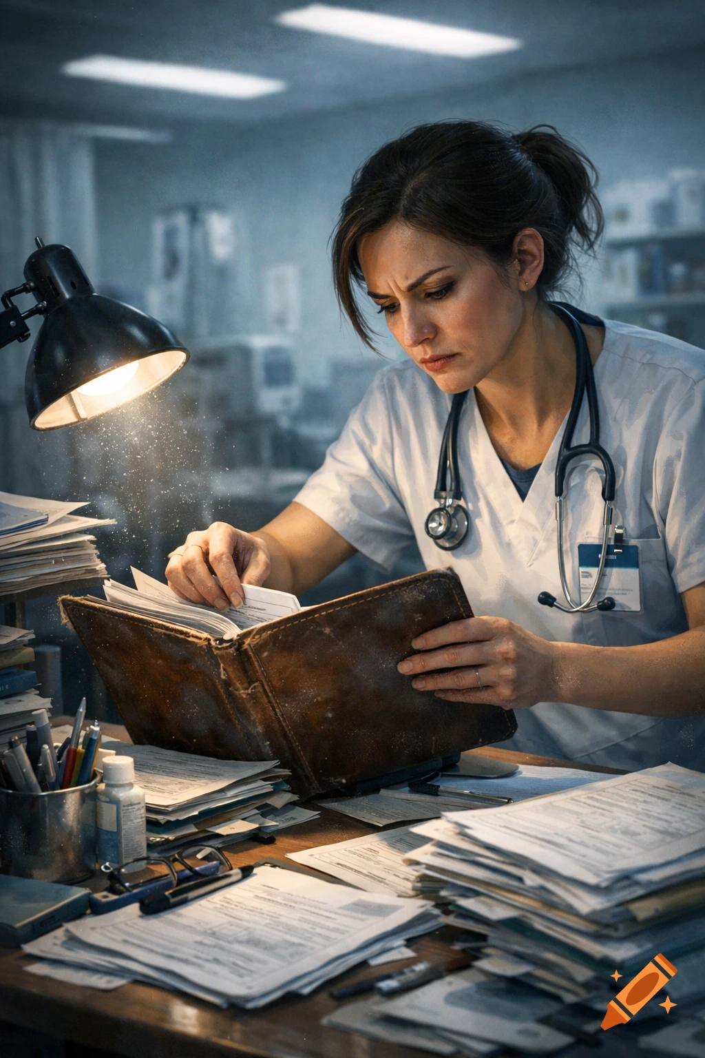 A focused female nurse in scrubs with a stethoscope reviews an old book at a messy desk under a lamp, surrounded by stacks of papers.
