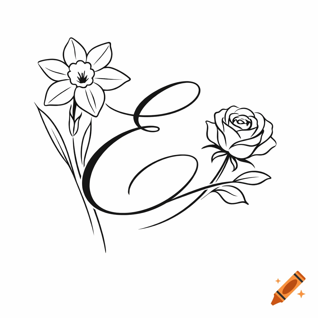 Black and white line art drawing of a daffodil, a rose, and a stylized cursive letter 'E' intertwined.