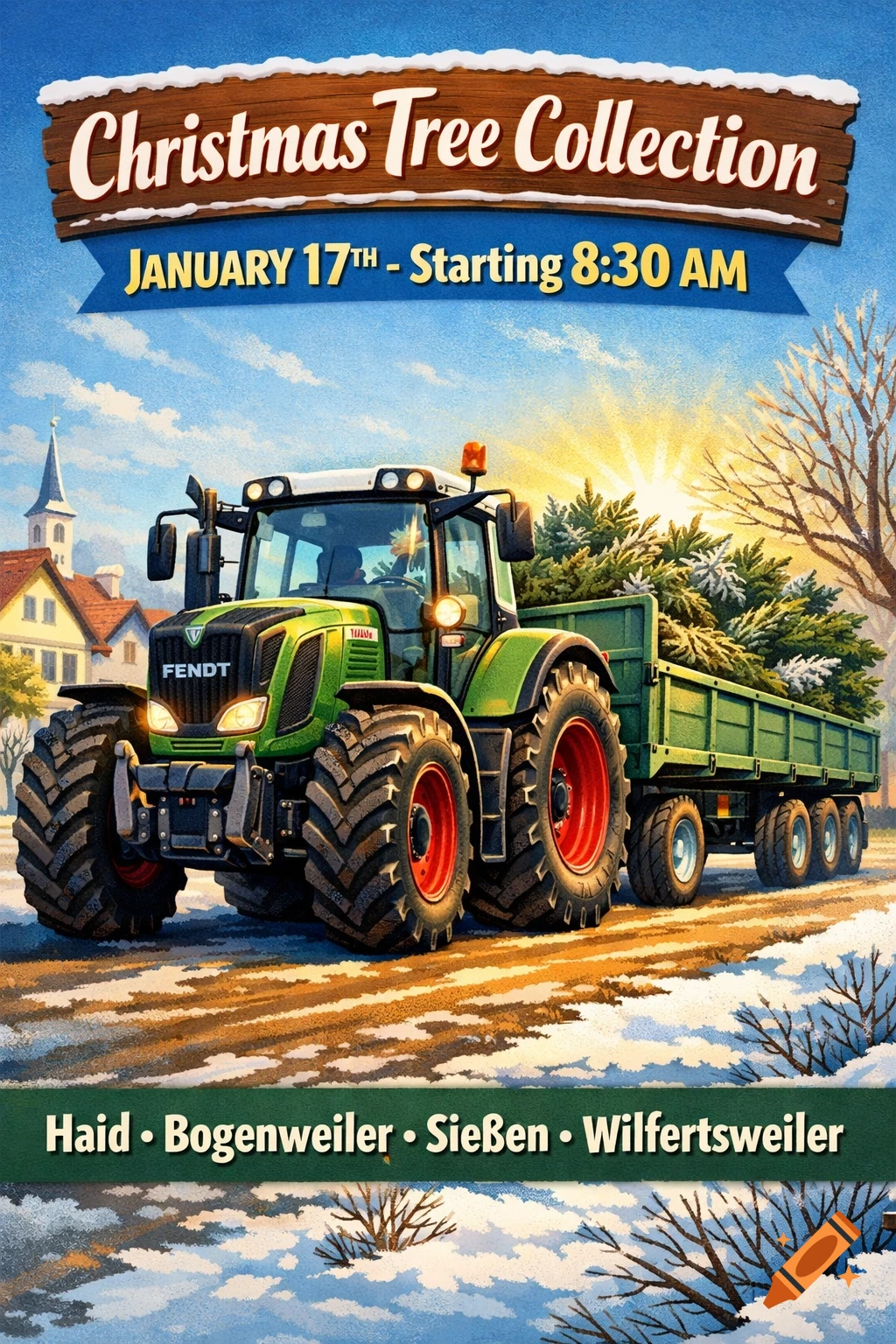 A green Fendt tractor with a trailer full of Christmas trees on a snowy road. A flyer banner advertises 'Christmas Tree Collection' on January 17th at 8:30 AM in several towns.