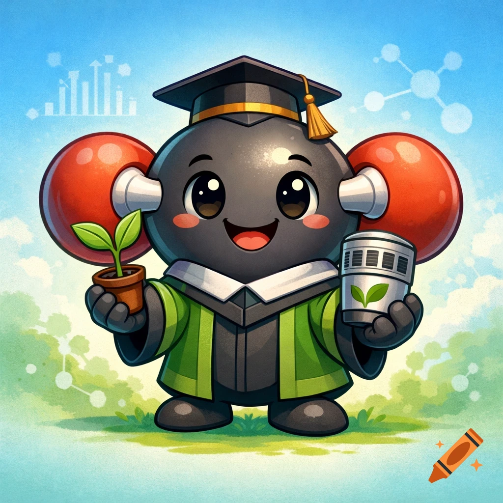Science Maskcot A cute cartoon CO2 molecule mascot wearing a graduation cap and green ...