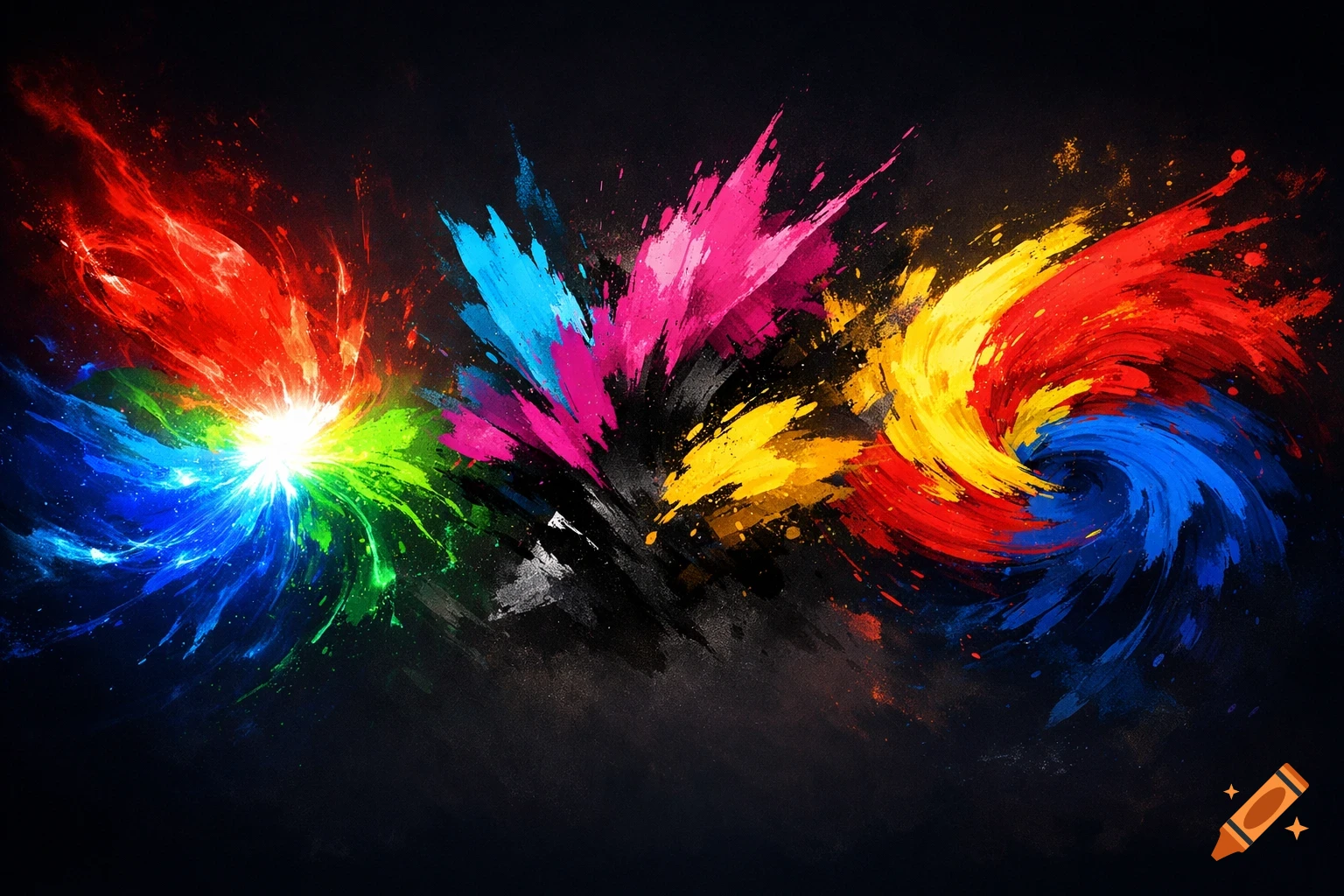 Vibrant abstract paint splashes in red, green, blue, yellow, and pink on a dark background with a bright white glow.