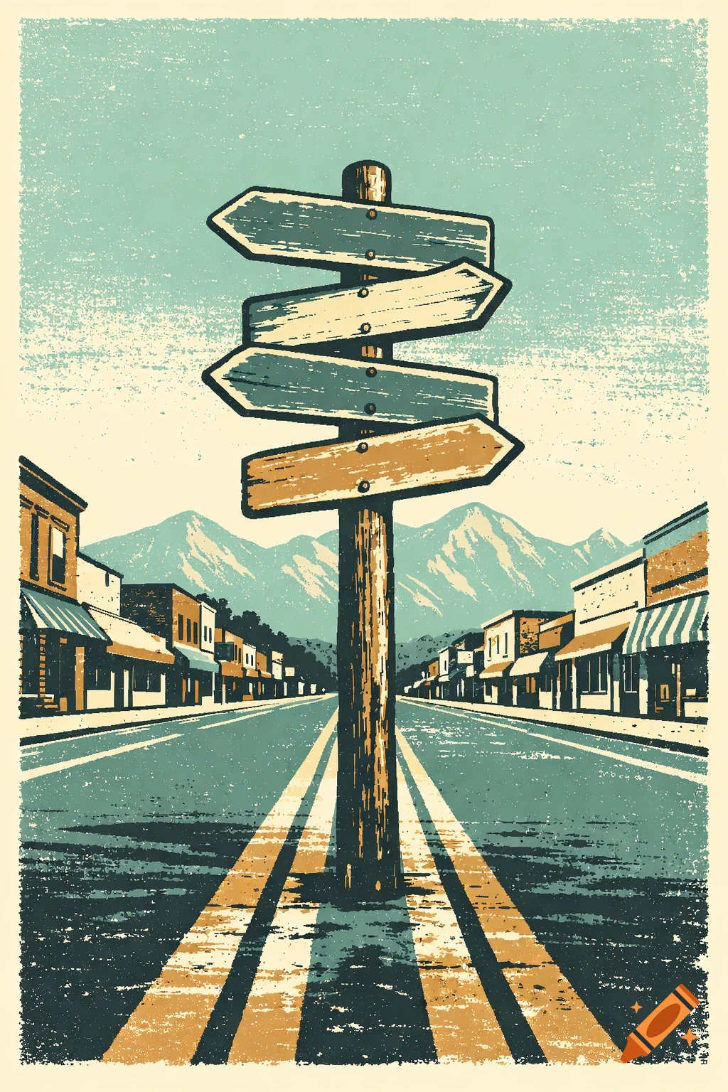 Screen print illustration of a small town Main Street, with a central sign post, buildings, and mountains in the background.