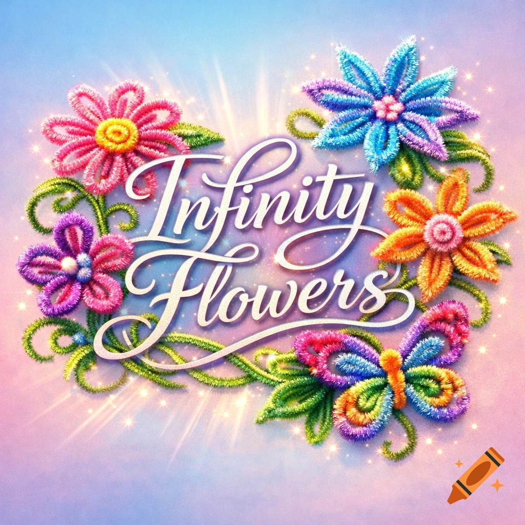 A colorful logo with "Infinity Flowers" in script, surrounded by vibrant pipe cleaner flowers and a butterfly on a sparkling gradient background.