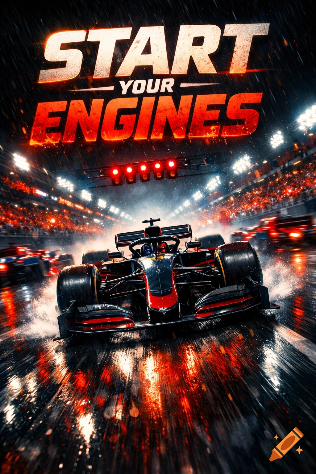 A Formula 1 car races on a wet track at night with "START YOUR ENGINES" text. Bright lights illuminate the stadium crowd.