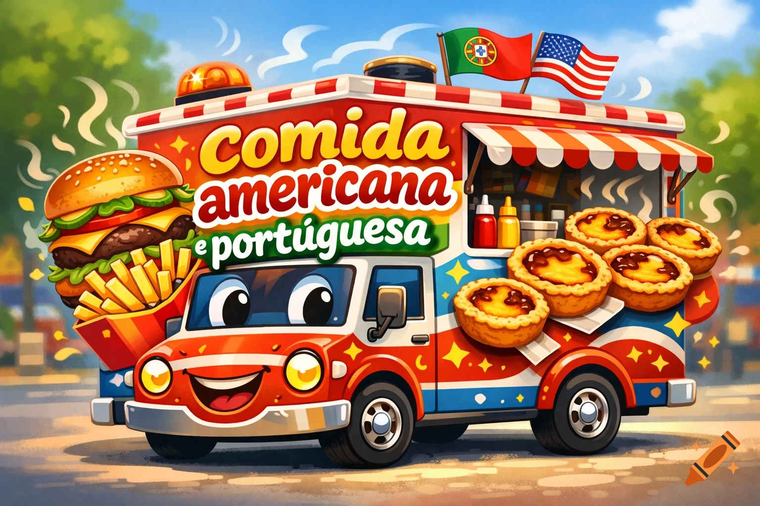 Colorful cartoon food truck with a smiling face, flags of Portugal and USA, "Comida americana e portuguesa" text, burger, fries, and pastel de nata.