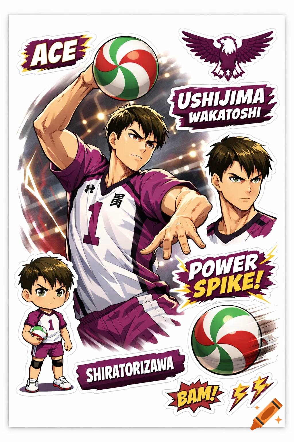 An anime sticker sheet featuring a male volleyball player, Ushijima Wakatoshi, in a purple and white uniform, with a volleyball, an eagle, and text elements like 'ACE' and 'POWER SPIKE!'.