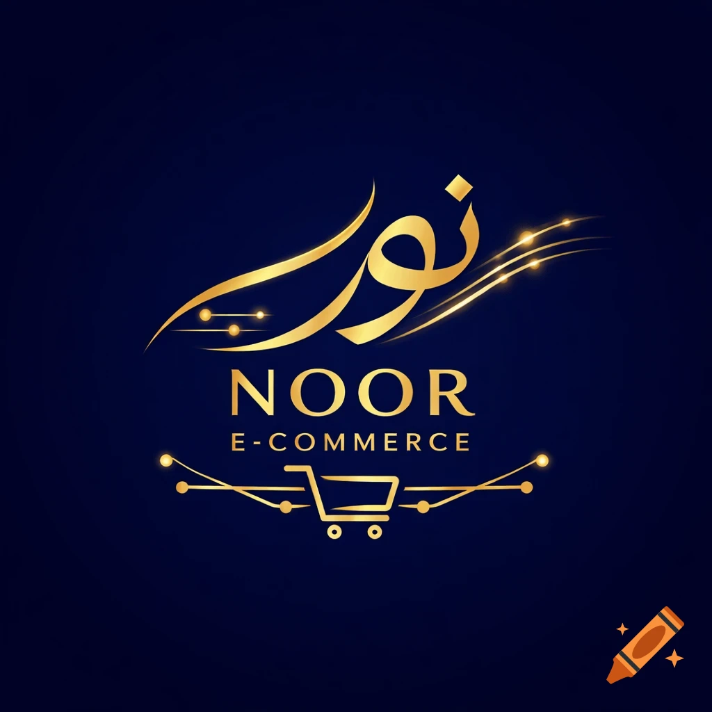 A gold logo for Noor E-Commerce on a dark blue background, featuring Arabic script, stylized English text, and a shopping cart icon.
