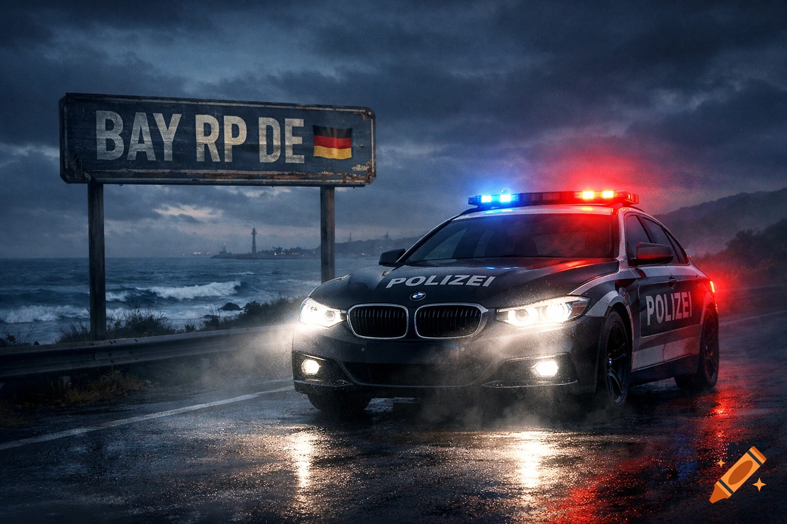 A dark German police car with red and blue lights flashing on a wet coastal road under a stormy sky. A sign reads 'BAY RP DE' with a German flag, and a lighthouse is in the distance over the ocean.
