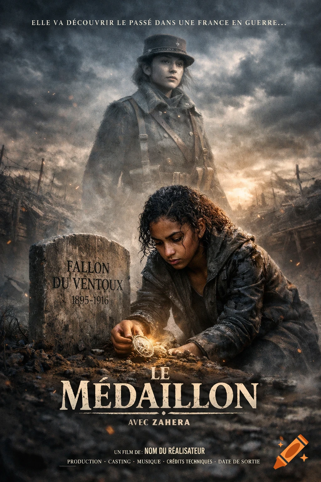 Movie poster for "Le Médaillon" showing a young woman by a gravestone holding a glowing locket, with a ghostly soldier behind her in a war-torn landscape.