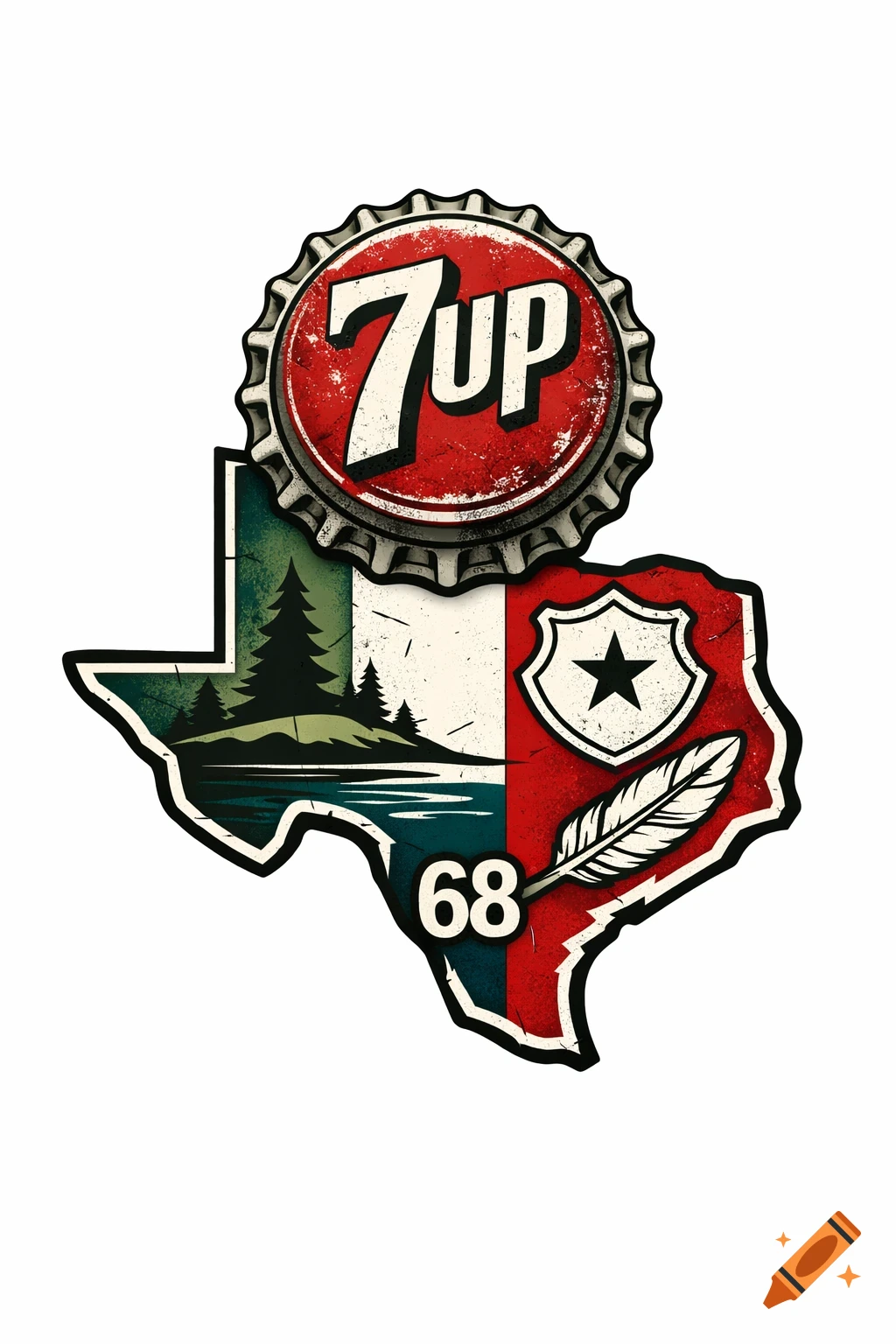 A stylized Texas map emblem with a 7UP bottle cap, pine trees, a shield with a star, a feather, and the number 68.